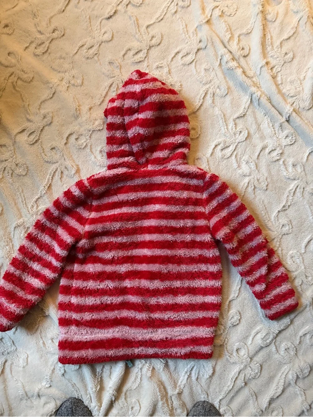 Mini Boden Fuzzy Hooded Zip Jacket in Red and Pink Stripes